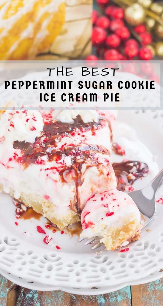 This Peppermint Sugar Cookie Ice Cream Pie is an easy dessert that's full of holiday flavors. A buttery sugar cookie crust envelopes creamy peppermint ice cream and is topped with crushed candy canes. It's a simple dessert that is sure to impress everyone this holiday season! #sugarcookies #sugarcookiepie #sugarcookieicecreampie #icecreampie #cookiepie #pepperminticecreampie #christmasdessert #holidaydessert #dessert