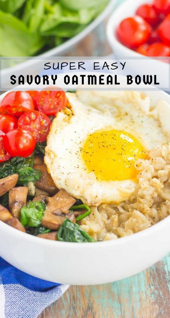 Switch up your breakfast routine with this Savory Oatmeal Breakfast Bowl. Filled with hearty oats, fresh mushrooms, sautéed spinach and an egg, this simple dish is packed with flavor and is the perfect way to start the day! #oatmeal #savoryoatmeal #oatmealrecipe #oatmealbowl #breakfastbowl #breakfast