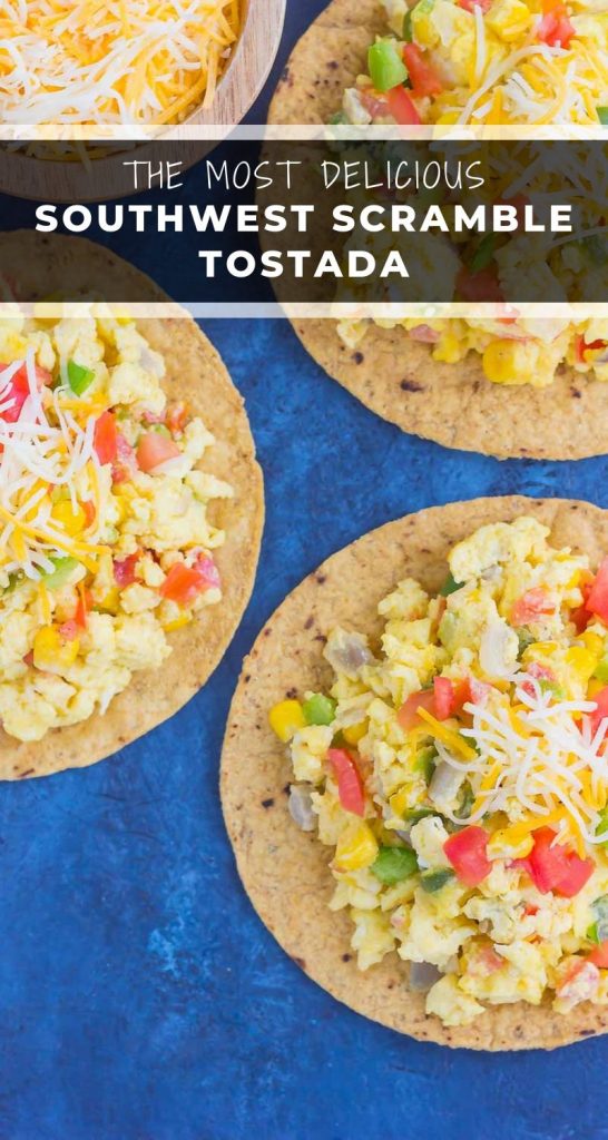 This Southwest Scramble Tostada is simple, 20 minute breakfast that is sure to get your day off to a great start. Easy, fresh, and full of flavor, this dish is sure to become a regular in your meal rotation! #eggs #scrambledeggs #tostada #breakfast #breakfasttostada #southwest