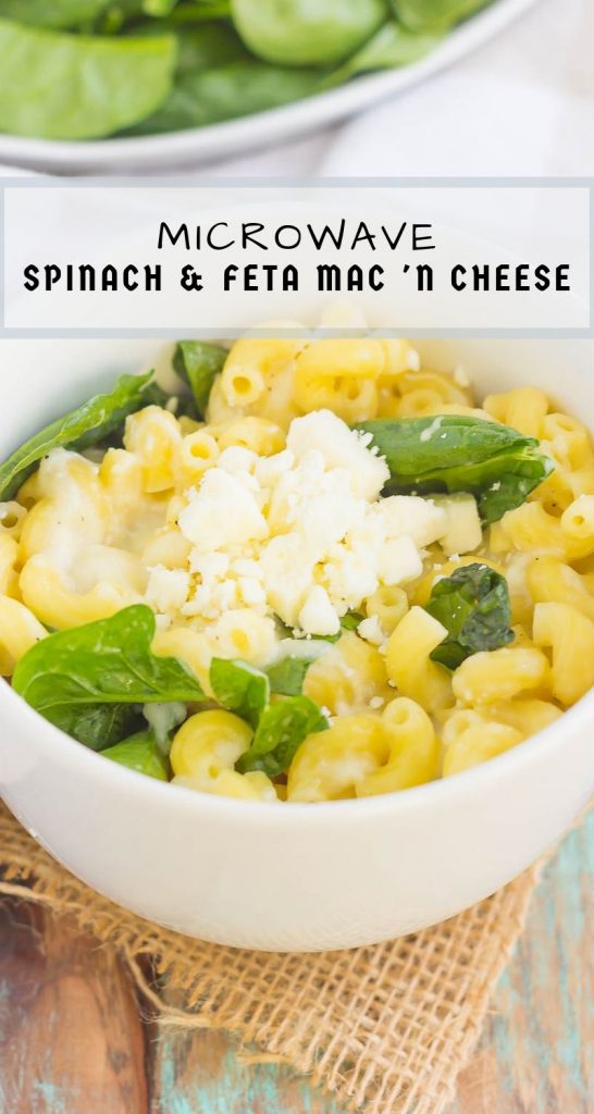 All it takes is just one mug and 5 minutes to make this Microwave Mug Spinach and Feta Macaroni and Cheese. Tender pasta, mozzarella and feta cheeses and a sprinkling of spinach create an easy, cheesy, and oh-so delicious single serving recipe for the best macaroni and cheese! #macncheese #macaroniandcheese #macandcheese #spinach #feta #fetamacandcheese #pasta #microwave #dinner