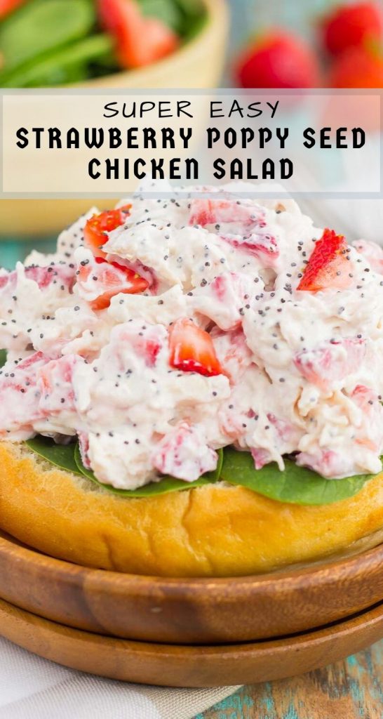 This Strawberry Poppy Seed Chicken Salad is packed with shredded chicken, a light dressing of Greek yogurt and mayo, and bursting with juicy strawberries and poppy seeds. This dish is fresh, flavorful, and filled with just the right amount of sweetness! #strawberrychicken #strawberrychickensalad #strawberrypoppyseed #poppyseedchickensalad #chickensalad #chicken #healthylunch #healthysalad #summersalad