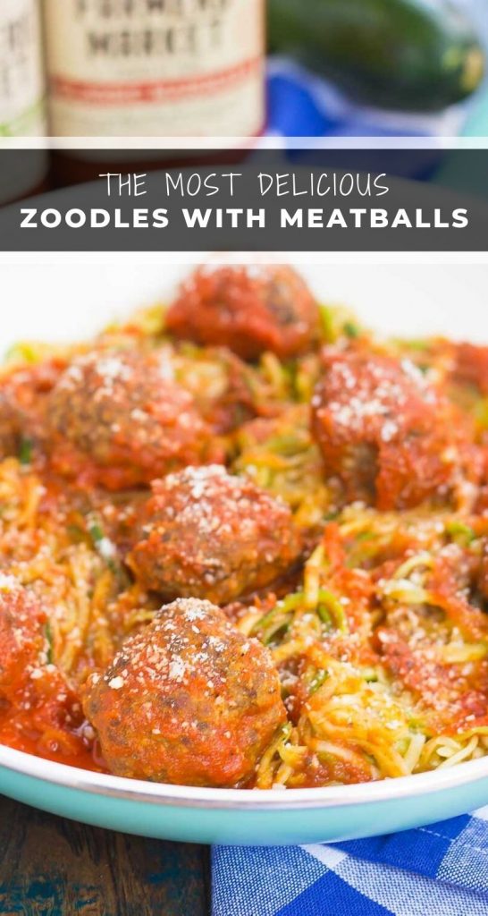 These Tomato Basil Zoodles with Meatballs makes a simple, fresh, and easy weeknight meal. Filled with fresh zucchini noodles, a tomato basil marinara sauce, and hearty meatballs, this dish comes together in minutes and is bursting with flavor! #zoodles #zoodleswithmeatballs #spaghettizoodles #meatballs #healthydinner #dinner
