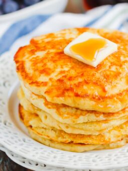 These Buttermilk Pancakes are thick, fluffy, and ready in just 25 minutes. One bite and you'll fall in love with the taste and texture of these homemade pancakes. You'll never go back to the boxed kind again!