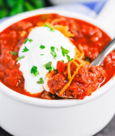 Instant Pot No Bean Chili is a simple, hearty meal that's ready in no time. Made with two types of ground beef and loaded with flavor, you'll never miss the beans in this cozy dish! #chili #nobeanchili #chilinobeans #instantpot #instantpotchili #Instantpotnobeanchili #dinner #comfortfood