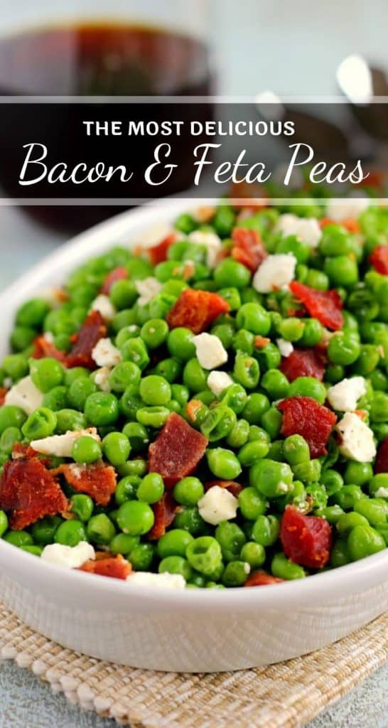These Bacon and Feta Peas are seasoned with a buttery garlic sauce and packed with crumbled bacon and creamy feta cheese. It’s an easy side dish that takes just minutes to make and is sure to be a favorite in your household! #peas #pearecipe #baconpeas #vegetables #vegetablerecipe #sidedish #easysidedish