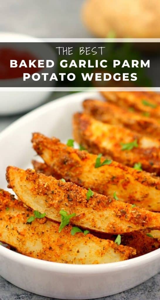 These Baked Garlic Parmesan Potato Wedges are crispy, seasoned with zesty spices and Parmesan, and roasted in the oven to perfection. Super easy to make with simple ingredients, you can skip the fast food restaurant and make your own healthy fries! #bakedpotatoes #potatowedges #potatowedgerecipe #parmesan #garlic #easysidedish #sidedish #appetizer