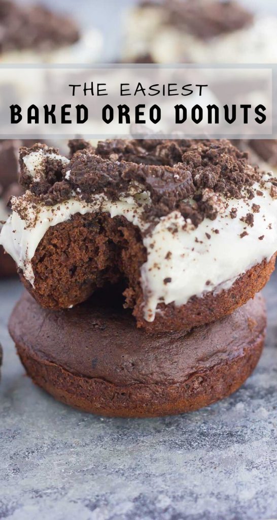 These Baked Oreo Donuts feature a rich, chocolate donut, studded with Oreo cookies and baked to perfection. Topped with a sweet cream cheese glaze and sprinkled with crumbled cookies, these donuts make the best breakfast or dessert! #donuts #bakeddonuts #donutrecipe #oreodonuts #cookiescreamdonuts #easydonuts #breakfast #dessert