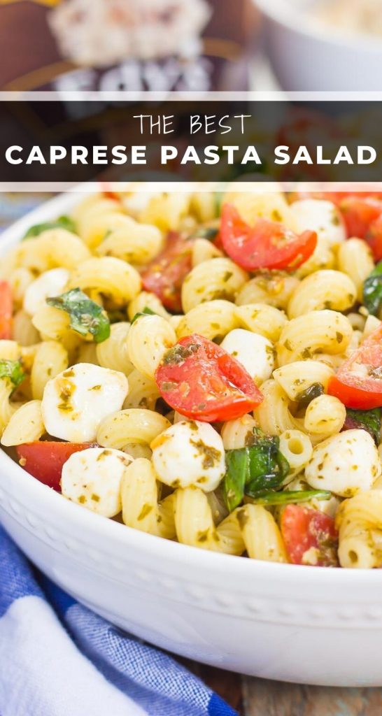 This Caprese Pasta Salad is filled with tender noodles, cherry tomatoes, fresh basil, and creamy mozzarella cheese. It's tossed in a white balsamic and pesto dressing, which gives this dish a burst of flavor! #caprese #capresesalad #capresepasta #capresepastasalad #capreserecipe #pastasalad #pastasaladrecipe #summersalad #summerpastasalad