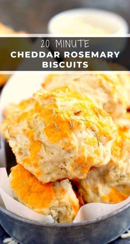 These Cheddar Rosemary Biscuits are soft, flaky, and bursting with flavor. The fresh cheddar cheese and rosemary gives these biscuits the perfect amount of zest. And best of all, it's ready in less than 20 minutes! #biscuits #cheddarbiscuits #rosemary #rosemarybiscuits #biscuitrecipe #sidedish #easysidedish