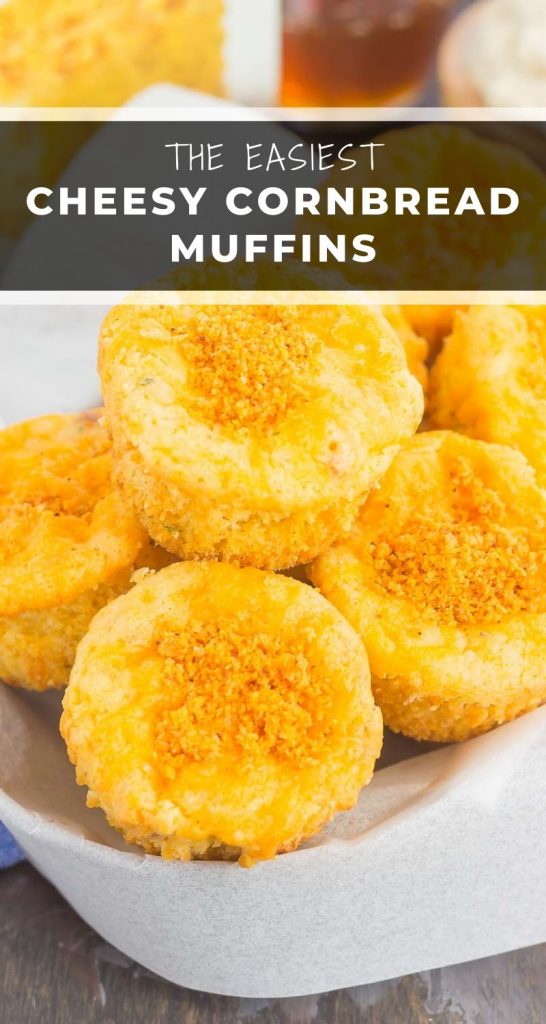 A close-up of a basket filled with golden, cheesy cornbread muffins, each topped with melted cheese and crumbs. Text overlay reads “The Easiest Cheesy Cornbread Muffins.”.