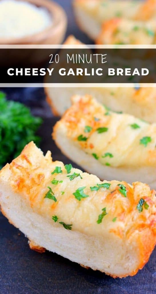 This Cheesy Garlic Bread is packed with a buttery spread that's combined with garlic and then topped with Parmesan and mozzarella cheeses. If you're looking for the perfect garlic bread to make, then this is it! #garlicbread #bread #cheesygarlicbread #garlicbreadrecipe #sidedish #easysidedish