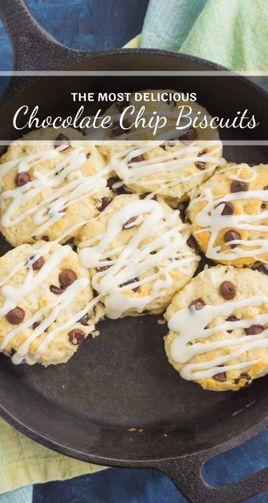 These Chocolate Chip Biscuits are light, fluffy, and filled with sweet chocolate chips. Easy to make and ready in less than 30 minutes, this simple dish is perfect for breakfast or dessert! #biscuits #chocolatechip #chocolatechipbiscuits #biscuitrecipe #breadrecipe #sidedish #breakfast