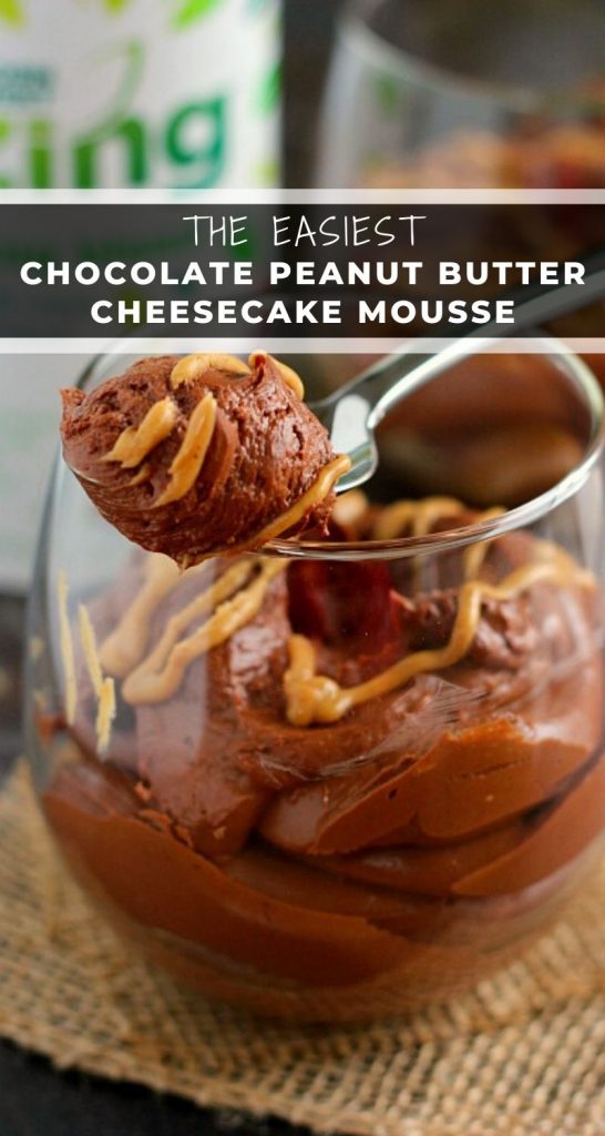 This Chocolate Peanut Butter Cheesecake Mousse is the perfect lightened up dessert. With just five ingredients and minimal prep work, this easy mousse is a delicious, low calorie dessert! #mousse #chocolatemousse #cheesecake #cheesecakemousse #dessert #chocolatedessert #chocolatecheesecake