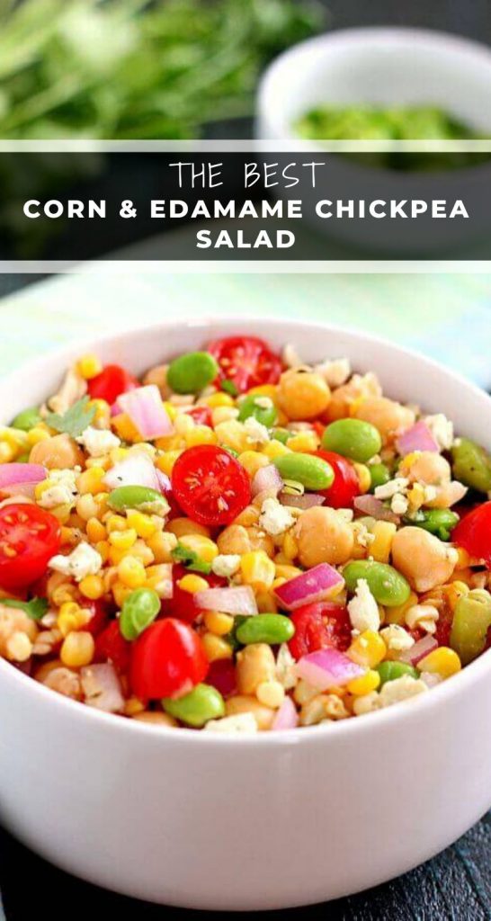 Jam-packed with corn, edamame, chickpeas, and tomatoes, this Corn, Edamame and Chickpea Salad is full of flavor and makes the perfect light lunch or dinner! #salad #saladrecipe #corn #cornsalad #edamame #chickpeas #chickpeasalad #tomatoes #tomatosalad #easysalad #healthysalad #summersalad