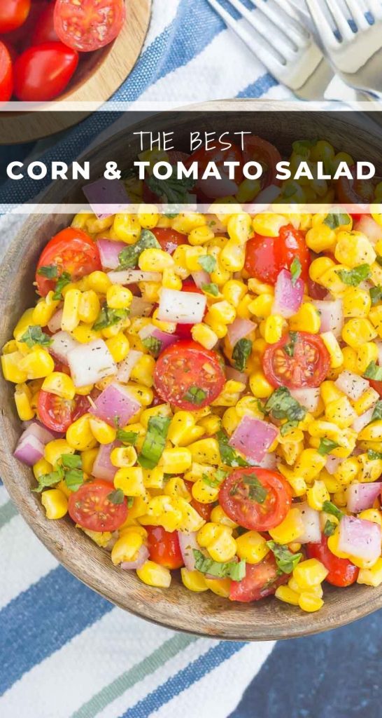With fresh corn cut straight from the cob, cherry tomatoes, spices, and a light dressing, this Corn and Tomato Salad is perfect for a summer lunch or dinner! #corn #cornsalad #tomato #tomatosalad #corntomatosalad #salad #saladrecipe #summersalad