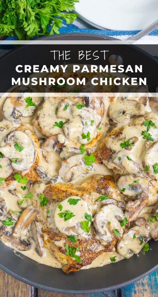 Creamy Parmesan Mushroom Chicken is an easy, one pan dish that's ready in just 30 minutes. Tender chicken and sautéd mushrooms are tossed in a simple parmesan cream sauce. It's fast, flavorful, and guaranteed to be a dinnertime favorite!  #chicken #chickendinner #chickenrecipe #creamychicken #creamymushroomchicken #mushrooms #mushroomchicken #onepanrecipe #dinner