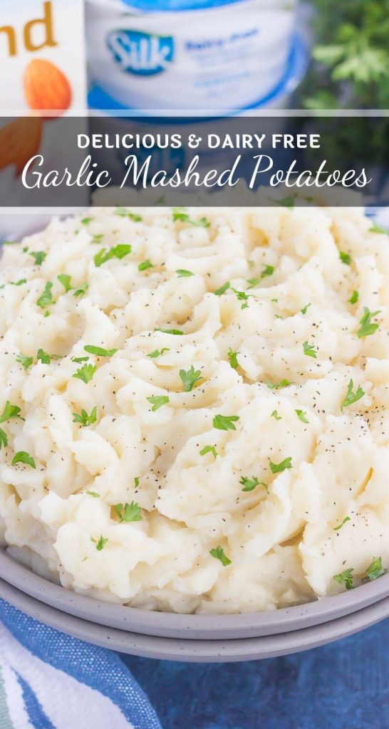These Dairy-Free Garlic Mashed Potatoes are creamy, loaded with flavor, and made with no cream or butter. Tender potatoes are whipped to perfection and then sprinkled with seasonings and ready to serve! #potatoes #mashedpotatoes #dairyfree #dairyfreepotatoes #dairyfreemashedpotatoes #mashedpotatorecipe #dairyfreerecipe #sidedish