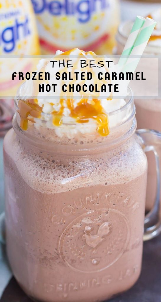This Frozen Salted Caramel Mocha Hot Chocolate is a festive way to embrace the start of the holiday season. This easy drink is a sweet and creamy blend of hot chocolate, milk, and the rich flavors of salted caramel and mocha! #hotchocolate #frozenhotchocolate #saltedcaramel #caramelhotchocolate #drink #holidaydrink #holidaybeverage #frozendrink