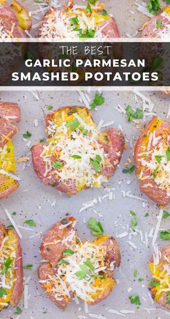 These Garlic Parmesan Smashed Potatoes are crispy on the outside, tender on the inside, and loaded with flavor. A savory garlic butter mixture coats the potatoes and then they're roasted to perfection, with a sprinkling of Parmesan cheese! #potatoes #potatorecipe #smashedpotatoes #garlicpotatoes #sidedish
