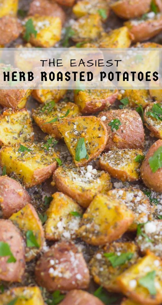 These Herb Roasted Potatoes are seasoned with Parmesan cheese, a variety of spices, and baked to perfection. Crispy on the outside and tender on the inside, this easy side dish comes together in minutes and is sure to be the hit of the dinner table! #potatoes #roastedpotatoes #herbpotatoes #herbroastedpotatoes #sidedish #easysidedish #roastedvegetables