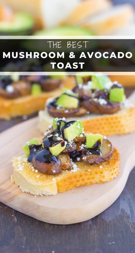 This Mushroom, Avocado and Feta Toast combines fresh mushrooms, ripe avocado and creamy feta cheese, piled high on toasted bread and drizzled with a balsamic glaze. This simple toast makes a deliciously easy appetizer or side dish! #mushrooms #mushroomtoast #mushroomrecipe #avocado #avocadotoast #toast #toastrecipe #appetizer