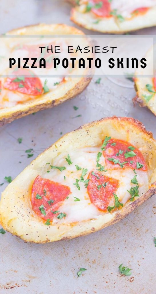 Loaded with pizza sauce, fresh mozzarella cheese, pepperoni and seasonings, these Pizza Potato Skins are sure to be a crowd-pleasing appetizer or snack! #potatoskins #pizza #pizzapotatoskins #potatoskinrecipe #appetizer #easyappetizer