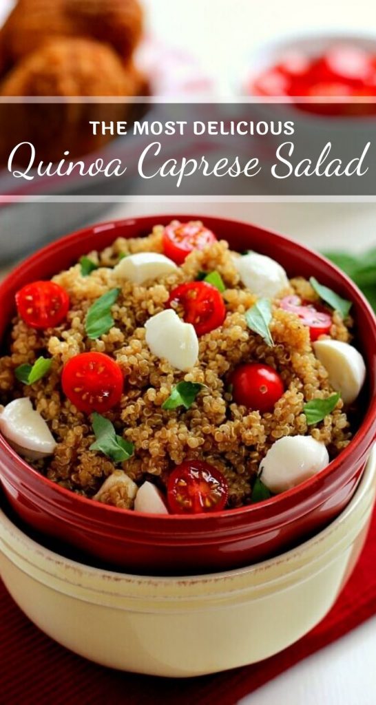 Filled with hearty quinoa, fresh tomatoes, creamy mozzarella, and basil, this Quinoa Caprese Salad combines the classic flavors into a healthier dish. It's easy to make, packed with protein, and is bursting with flavor! #quinoa #quinoasalad #quinoasaladrecipe #capresequinoa #capresesalad #capreserecipe #saladrecipe #easysalad #summersalad #sidedish #easysidedish