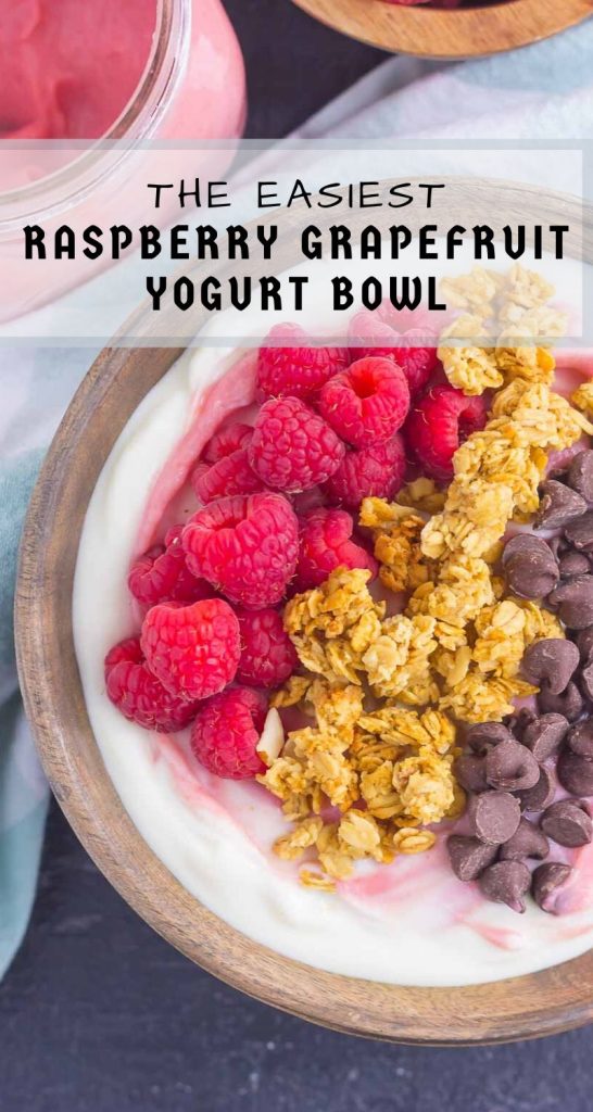 This Raspberry Grapefruit Yogurt Bowl is a delicious way to start the day. It's packed with creamy vanilla Greek yogurt, a swirl of raspberry grapefruit curd, and topped with a combination of sweet ingredients! #yogurt #yogurtbowl #raspberryyogurt #grapefruit #raspberrycurn #breakfast #easybreakfast #healthybreakfast