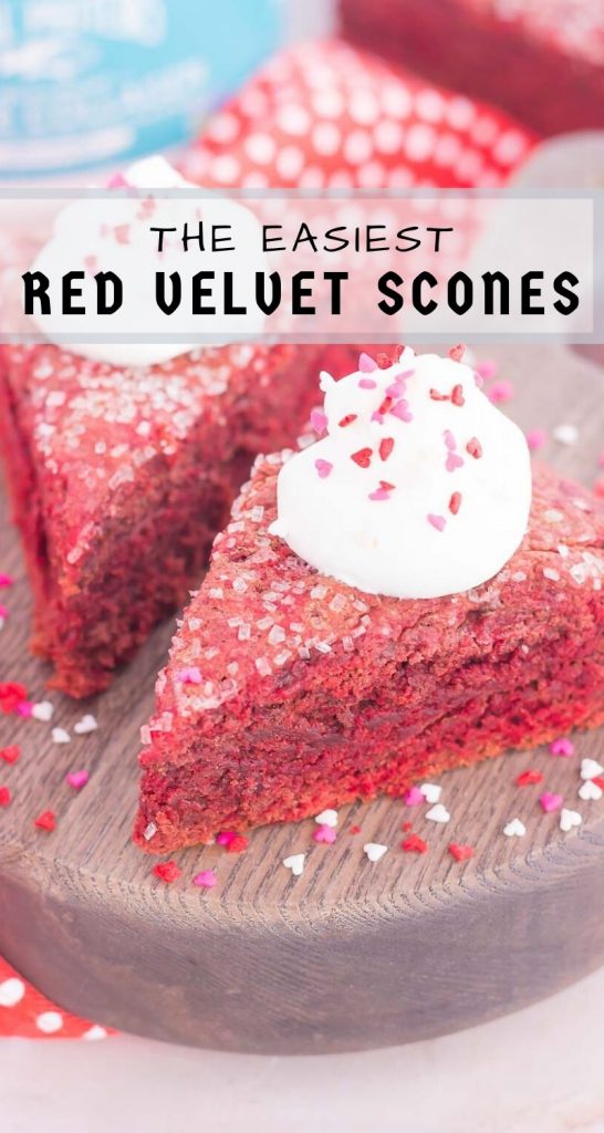 These Red Velvet Scones are crispy on the outside, tender on the inside, and bursting with a rich, chocolatey flavor. Topped with a sweet vanilla whipped cream, this decadent treat makes the most delicious breakfast or dessert! #scones #redvelvet #redvelvetscones #sconerecipe #redvelvetdessert #valentinesday #valentinesdaydessert #dessert