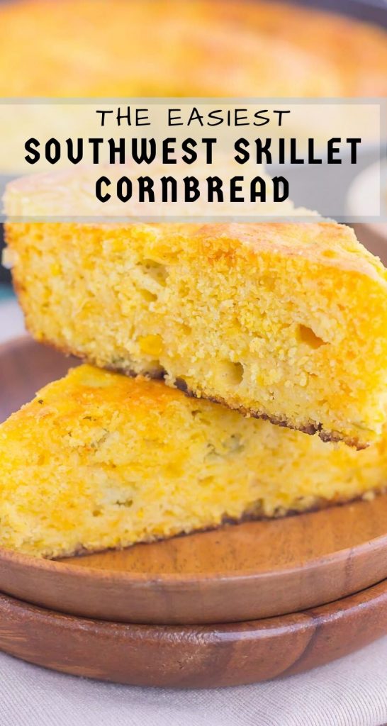 This Southwest Skillet Cornbread is the perfect combination of sweet and spicy that will be a favorite for years to come. Loaded with cheddar cheese, green chiles, and creamed corned, this easy cornbread bakes up moist, tender, and full of flavor! #cornbread #cornbreadrecipe #skilletcornbread #southwestcornbread #breadrecipe