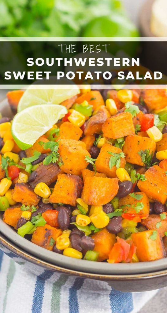 This Southwestern Sweet Potato Salad is loaded with roasted chile lime sweet potatoes, black beans, corn, cilantro, and tossed in a light honey lime dressing. It's perfect for picnics, barbecues and sweet potato lovers everywhere! #sweetpotatoes #sweetpotatosalad #sweetpotatorecipe #salad #saladrecipe #potatosalad #sidedish
