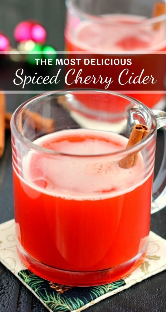 This Spiced Cherry Cider is filled with sweet apple cider and spiced with cinnamon and cherry gelatin. It's simmered until the flavors are blended together and makes the perfect drink for when you need a little warming up! #cider #ciderrecipe #cherrycider #cherrydrink #holidaybeverage #holidaydrink #christmasdrink #drink