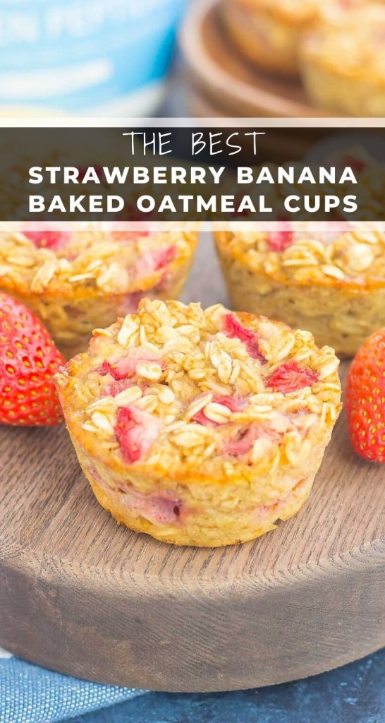 These Strawberry Banana Baked Oatmeal Cups are the perfect make-ahead breakfast for busy mornings. Packed with hearty oats, fresh strawberries and sweet bananas, this simple dish is easy to make, healthier, and loaded with flavor! #oatmeal #oatmealcups #oatmealmuffins #bakedoatmeal #strawberrybanana #strawberrybananabakedoatmeal #breakfast #healthybread #bakedoatmealrecipe