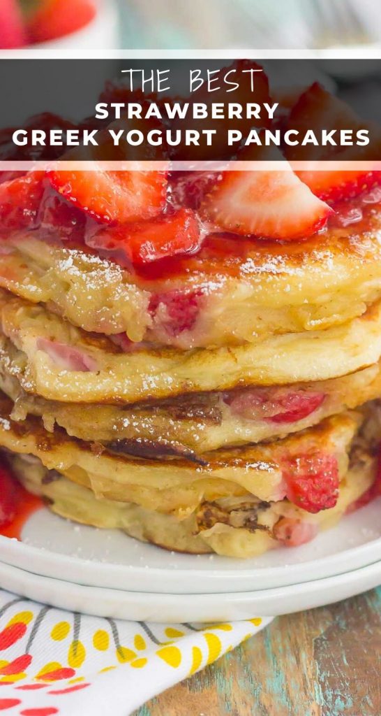 These Strawberry Greek Yogurt Pancakes are thick, fluffy, and loaded with juicy strawberries in every bite. Made with Greek yogurt for a healthier twist and topped with an easy strawberry sauce, you're going to fall in love with the sweet taste of these pancakes! #pancakes #strawberrypancakes #greekyogurt #greekyogurtpancakes #pancakerecipe #strawberrygreekyogurtpancakes #breakfast