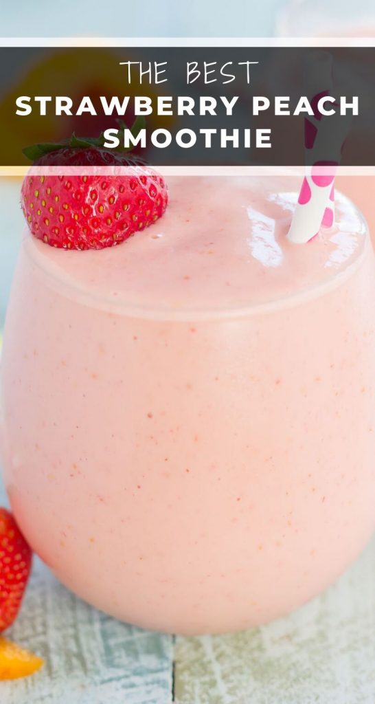 This Strawberry Peach Smoothie is thick, creamy, and packed with juicy strawberries and peaches. With just a few ingredients and hardly any prep time, this healthier breakfast or snack is perfect to satisfy your sweet tooth! #smoothie #strawberrysmoothie #peachsmoothie #strawberrypeachsmoothie #smoothierecipe #healthysmoothie #breakfast #healthybreakfast