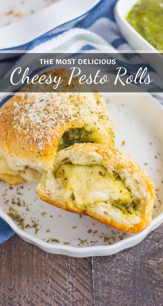 These Stuffed Cheesy Pesto Rolls are an easy dish to make for those hungry dinner guests. Soft and buttery rolls are filled with pesto sauce and mozzarella cheese, and then baked until golden! #pesto #pestorolls #pestobread #rolls #rollrecipe #cheesyrolls #cheesybread #sidedish