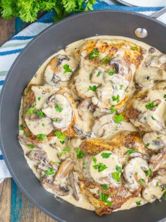 Creamy Parmesan Mushroom Chicken is an easy, one pan dish that's ready in just 30 minutes. Tender chicken and sautéd mushrooms are tossed in a simple parmesan cream sauce. It's fast, flavorful, and guaranteed to be a dinnertime favorite!