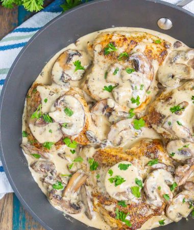 Creamy Parmesan Mushroom Chicken is an easy, one pan dish that's ready in just 30 minutes. Tender chicken and sautéd mushrooms are tossed in a simple parmesan cream sauce. It's fast, flavorful, and guaranteed to be a dinnertime favorite!