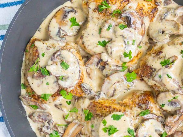 Creamy Parmesan Mushroom Chicken is an easy, one pan dish that's ready in just 30 minutes. Tender chicken and sautéd mushrooms are tossed in a simple parmesan cream sauce. It's fast, flavorful, and guaranteed to be a dinnertime favorite!