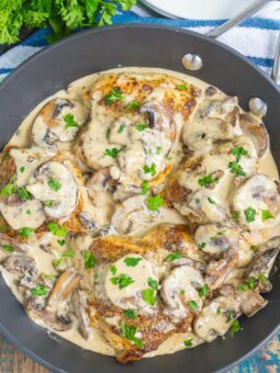 Creamy Parmesan Mushroom Chicken is an easy, one pan dish that's ready in just 30 minutes. Tender chicken and sautéd mushrooms are tossed in a simple parmesan cream sauce. It's fast, flavorful, and guaranteed to be a dinnertime favorite! 