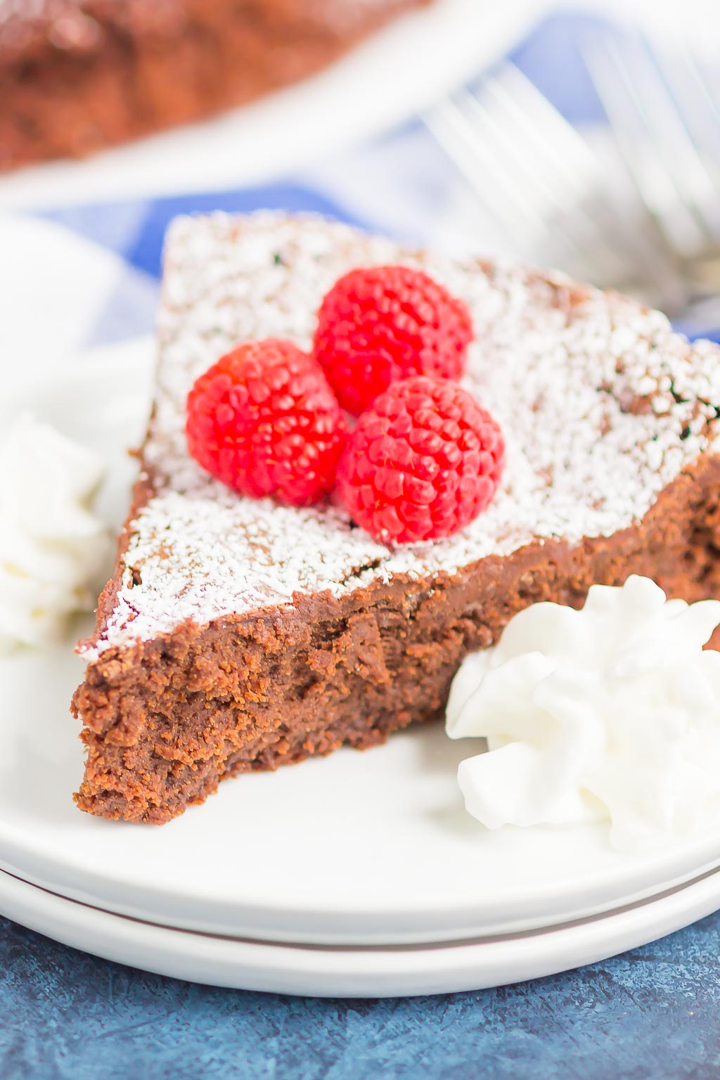 Flourless Chocolate Cake is an easy dessert that's rich, fudgy and decadent. Made with just five ingredients, this smooth and gluten-free cake is will become a favorite all year long! #cake #chocolatecake #flourlesscake #flourlesschocolatecake #chocolatetorte #flourlessdessert #dessert #chocolate dessert