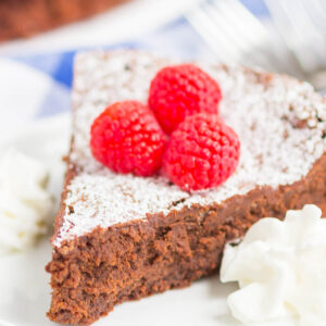 Flourless Chocolate Cake is an easy dessert that's rich, fudgy and decadent. Made with just five ingredients, this smooth and gluten-free cake is will become a favorite all year long! #cake #chocolatecake #flourlesscake #flourlesschocolatecake #chocolatetorte #flourlessdessert #dessert #glutenfreecake #glutenfreechocolatecake