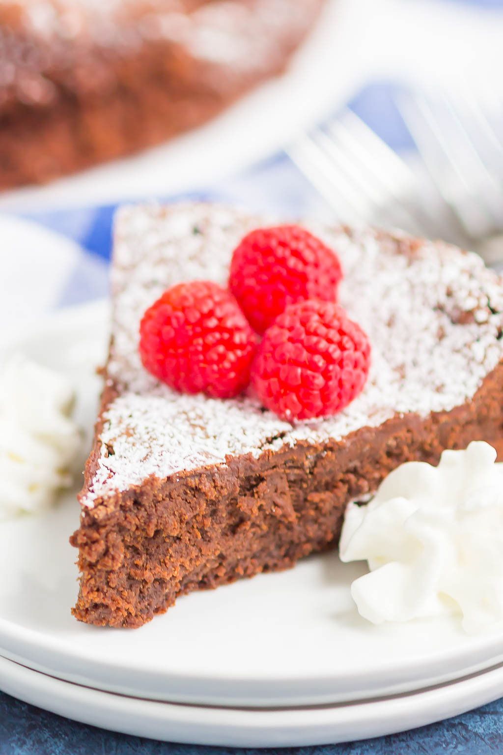 Flourless Chocolate Cake is an easy dessert that's rich, fudgy and decadent. Made with just five ingredients, this smooth and gluten-free cake is will become a favorite all year long! #cake #chocolatecake #flourlesscake #flourlesschocolatecake #chocolatetorte #flourlessdessert #dessert #chocolate dessert