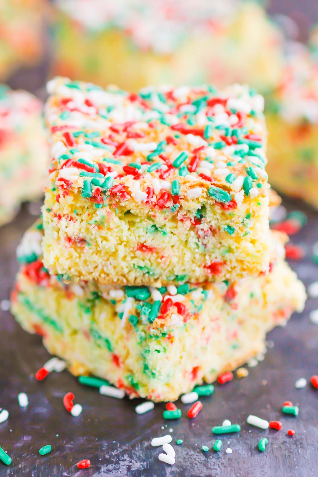 Stack of two holiday cake mix bars. 