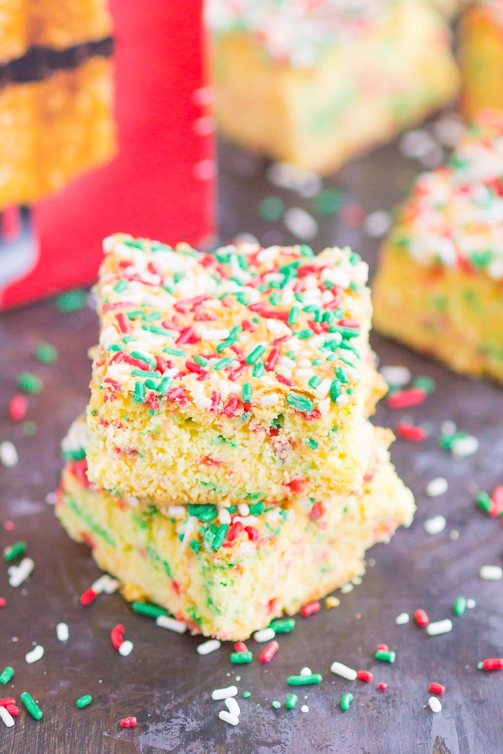 Two cake mix bars stacked on top of each other. 