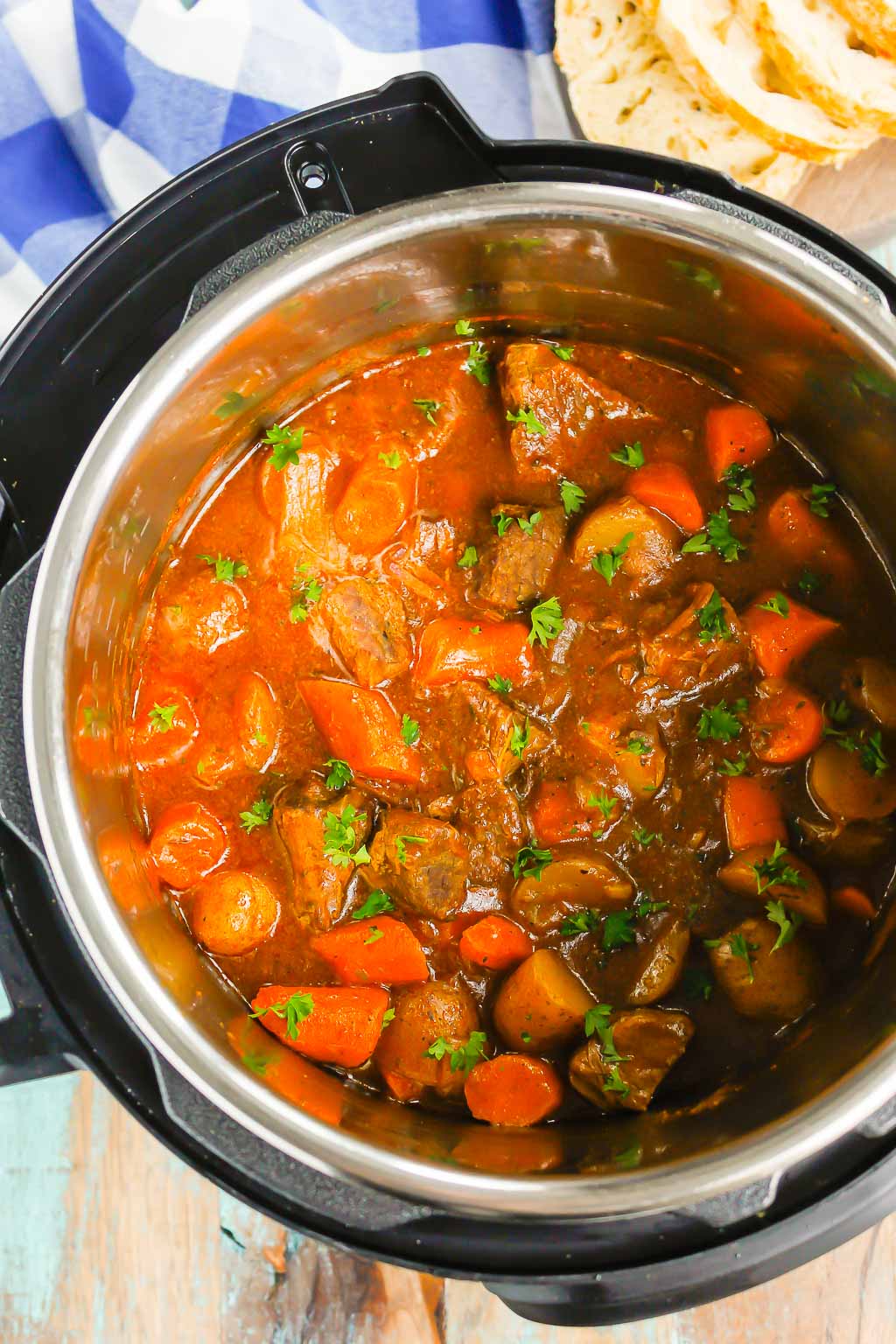 overhead view of beef stew in the instant pot