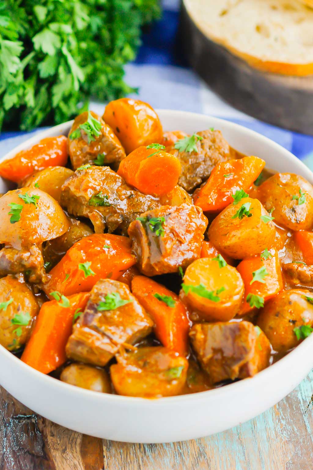 instant pot beef stew in a large white bowl