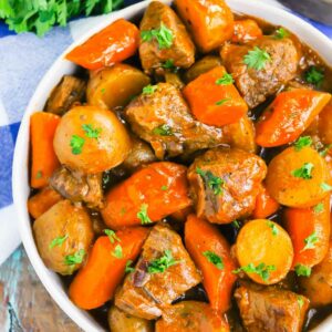 Instant Pot Beef Stew is a simple, hearty dish that's full of cozy flavors. Tender beef, potatoes and carrots are tossed in a savory gravy that's ready in less than an hour. This easy meal will quickly become a dinner time favorite all year long!