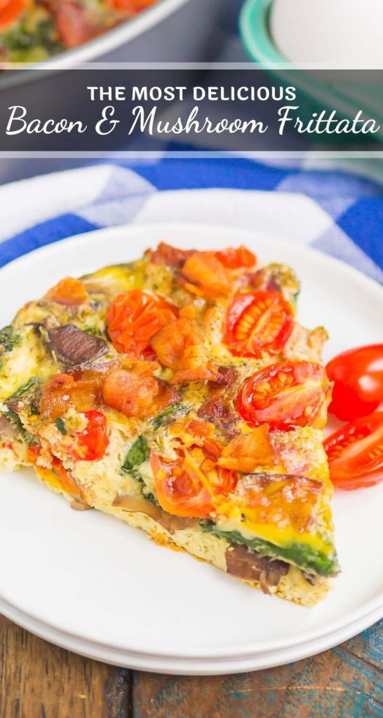 This Bacon and Tomato Frittata is a simple dish that's ready in less than an hour. Filled with crisp bacon, tender mushrooms, spinach and tomatoes, this recipe makes a delicious breakfast or brunch! #frittata #frittatarecipe #easyfrittata #bacon #baconfrittata #tomatofrittata #mushroomfrittata #breakfast #easybreakfast #breakfastrecipe