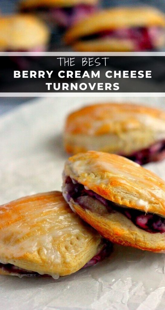 Light, fluffy, and bursting with a creamy fruit center, these Berry Cream Cheese Turnovers are perfect for breakfast, a mid-morning snack, or dessert! #turnovers #turnoverrecipe #biscuits #berryturnovers #berrypastries #breakfast #dessert